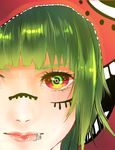  close-up closed_mouth face facial_mark fuyuu_yume green_eyes green_hair gumi hood hoodie lip_piercing lips matryoshka_(vocaloid) multicolored multicolored_eyes piercing red_eyes short_hair smile solo vocaloid 