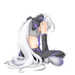  ahoge bare_shoulders bow detached_sleeves from_behind hair_bow hair_ornament hyoiki long_hair necktie pants sad silver_hair simple_background sitting solo trembling very_long_hair vocaloid voyakiloid wariza white_background yowane_haku 