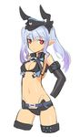  black_thighhighs blue_hair bra cleavage elbow_gloves gloves hat horns long_hair navel oppai pantsu pointed_ears red_eyes shimada_fumikane smile thighhighs twin_tails 