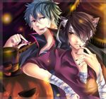  :p bandage_over_one_eye bandages blue_hair brown_hair cape fangs gintama halloween hat inumimi jack-o&#039;-lantern kemonomimi male okita_sougo pumpkin red_eyes sakata_gintoki shirt tongue top_hat vampire werewolf wolf_ears yellow_eyes 