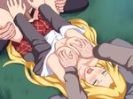  1girl blonde_hair blue_eyes blush breast_grab breasts censored gangbang grabbing group_sex kimura_kaere long_hair lying maku_(l-u) makura_no_doushi nipples no_bra no_panties open_mouth penis rape sayonara_zetsubou_sensei school_uniform sex skirt spread_legs tears thighhighs threesome vaginal 