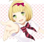  ahoge ao_no_exorcist bad_id bad_pixiv_id blonde_hair blush bow face foreshortening green_eyes hairband hands minami_haruya moriyama_shiemi open_mouth outstretched_arm perspective school_uniform short_hair smile solo 