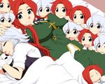  ahoge blue_eyes blush breasts child closed_eyes doll doll_hug drooling grin hand_on_another's_head hat hat_removed headwear_removed hong_meiling hong_meiling_(panda) if_they_mated ips_cells izayoi_sakuya large_breasts long_hair lying mother_and_daughter multiple_girls neko_majin on_back on_side open_mouth panda red_eyes silver_hair sleeping smile stuffed_toy touhou yuri 