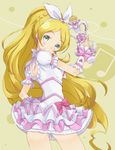  beamed_eighth_notes blonde_hair bow braid cure_rhythm dress earrings fantastic_belltier frills green_eyes hair_ribbon hairband hand_on_hip heart jewelry kannagi_kaname long_hair looking_back magical_girl minamino_kanade musical_note precure ribbon smile solo suite_precure wand wrist_cuffs yellow_background 