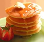  bad_pixiv_id breakfast butter dripping food fruit granada light no_humans pancake photorealistic stack_of_pancakes still_life strawberry syrup 