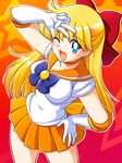  ;d aino_minako anime_coloring bishoujo_senshi_sailor_moon blonde_hair blue_bow blue_eyes bow choker cowboy_shot elbow_gloves gloves gradient gradient_background hair_bow half_updo long_hair looking_at_viewer one_eye_closed open_mouth orange_choker orange_sailor_collar orange_skirt pleated_skirt red_bow sailor_collar sailor_senshi_uniform sailor_venus shiny shiny_skin skirt smile solo star starry_background tanuki_yousuke v white_gloves 