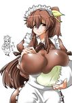  black_eyes bowl breast_hold breast_rest breasts brown_hair chopsticks eating erect_nipples food glasses hair_ornament headdress huge_breasts long_hair maid maid_apron maid_headdress maid_outfit shisoworld smile standing 