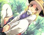  bangs blonde_hair blush d: day duplicate dutch_angle grass hat legs loafers long_hair looking_at_viewer miniskirt moriya_suwako open_mouth outdoors shoes skindentation skirt skirt_set solo squatting straight_hair thighhighs thighs touhou tree white_legwear yellow_eyes yuu_(kfc) zettai_ryouiki 