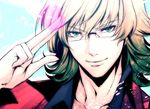 bad_id bad_pixiv_id barnaby_brooks_jr blonde_hair glasses green_eyes male_focus salute solo teddy_(artist) tiger_&amp;_bunny two-finger_salute 