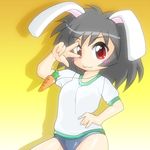  :3 alternate_costume animal_ears black_hair bunny_ears buruma carrot carrot_necklace gym_uniform inaba_tewi jewelry necklace pendant red_eyes short_hair simple_background solo touhou winn 