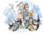  armor ass bare_shoulders barioth barioth_(armor) blue_eyes bowgun breasts butt_crack collarbone dark_skin highres mojarin_(kihara_mojarin) monster_hunter monster_hunter_portable_3rd multiple_girls navel open_mouth red_eyes small_breasts weapon white_hair 