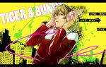  bad_id bad_pixiv_id barnaby_brooks_jr blonde_hair cityscape glasses green_eyes headphones jacket letterboxed male_focus red_jacket solo tiger_&amp;_bunny ymsr 
