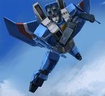  cloud day decepticon flying iwaya mecha no_humans oldschool realistic robot science_fiction sky solo thundercracker transformers 