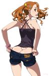  anjou_naruko ano_hi_mita_hana_no_namae_wo_bokutachi_wa_mada_shiranai. ass brown_eyes brown_hair butt_crack denim denim_shorts earrings from_behind hair_ornament hairclip highres jewelry looking_back md5_mismatch nail_polish no_panties open_mouth profile short_shorts shorts simple_background solo suna twintails 