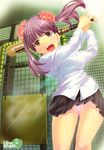  absurdres artbook baseball_bat breasts cage character_request copyright_request flower hair_flower hair_ornament highres medium_breasts open_mouth panties pantyshot pantyshot_(standing) pink_panties playing_sports purple_hair seguchi_takahiro shirt shouting skirt solo sport standing twintails underwear yellow_eyes 
