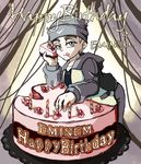  birthday blonde blue_eyes cake candle coat earrings eminem food_on_face hat jacket male 