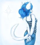 back_turned blue_hair cute feline female glance hair nocturnalmoth piercing short_hair tank_top white 