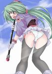  ass back blush circlet endou_masatoshi garter_belt gloves green_hair haou_taikei_ryuu_knight long_hair open_mouth paffy_pafuricia panties pantyshot purple_eyes skirt solo staff thighhighs underwear white_panties 