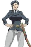  black_eyes black_hair breasts cameltoe deadman_wonderland dynamite-kit earrings from_below hands_on_hips hat huge_breasts impossible_clothes impossible_shirt jewelry lips makina_(deadman_wonderland) nail_polish shirt simple_background solo sword uniform weapon 