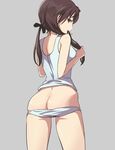  adjusting_hair aiueo ass brown_hair butt_crack from_behind gertrud_barkhorn hair_ribbon hairdressing long_hair looking_back mouth_hold panties panty_pull ribbon simple_background solo strike_witches tank_top underwear world_witches_series 