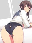  ass ass_cutout bent_over brown_eyes brown_hair cameltoe em long_hair looking_back no_pants school_swimsuit school_uniform serafuku solo strike_witches swimsuit swimsuit_under_clothes takei_junko world_witches_series 