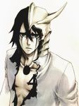  1boy arrancar black_hair bleach espada expressionless facial_mark green_eyes hair_between_eyes hollow sad skull slit_pupils solo tattoo tokimekashi torn_clothes ulquiorra_cifer ulquiorra_schiffer white_skin 