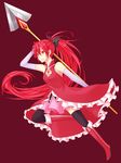  bare_shoulders black_legwear boots elbow_gloves frills gloves hair_ribbon highres long_hair magical_girl mahou_shoujo_madoka_magica mozukugumi polearm red_eyes red_hair ribbon sakura_kyouko solo spear thighhighs weapon 