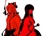 banned_artist branch chikage_(kinokodou) fire fujiwara_no_mokou hands_in_pockets houraisan_kaguya jeweled_branch_of_hourai monochrome mouth_hold multiple_girls ofuda red simple_background spot_color touhou 