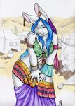  blue_hair breasts buckteeth chubby cleavage clothed clothing desert fat female fur hair harem kierstal lagomorph mammal overweight purple_eyes rabbit solo tent white white_fur zynthalay 
