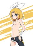  @shton asymmetrical_clothes bandages blonde_hair blue_eyes flat_chest groin hair_ornament hairclip jewelry kagamine_rin mouth_hold navel necklace nipples short_hair single_pantsleg solo topless unzipped vocaloid 