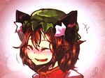  amaneryuusei animal_ears bad_id bad_pixiv_id blush brown_hair cat_ears chen close-up closed_eyes hat laughing short_hair solo tears touhou 