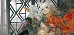  3girls blue_eyes blush coat detached_sleeves dog_tail eyes_closed fang fox_tail gloves horns hug inumimi kemonomimi kitsunemimi long_hair multicolored_eyes multicolored_hair nekomimi open_mouth orange_eyes orange_hair original red_eyes red_hair smile white_hair wink 