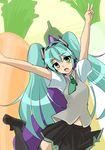  aqua_eyes aqua_hair hatsune_miku headphones leg_lift long_hair momio necktie outstretched_arms poppippoo_(vocaloid) project_diva project_diva_(series) project_diva_2nd school_uniform skirt solo thighhighs twintails v very_long_hair vocaloid 