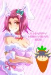  2011 :p bow breasts bunnygirl bunnysuit carrot choker cleavage fudou_yuusei izayoi_aki large_breasts lowres red_eyes red_hair short_hair smile tongue tongue_out yu-gi-oh! yugioh_5d&#039;s yuu-gi-ou_5d's 