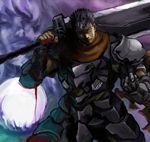  armor berserk black_hair blood dragonslayer_(sword) griffith guts hagitotoro huge_weapon male_focus sword weapon 