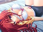  asahina_rinka bed choker downhill_night_2 erect_nipples game_cg lying navel oppai pantsu purple_eyes red_hair skirt twin_tails white_panties 