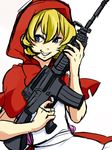 assault_rifle bad_id bad_pixiv_id blonde_hair blue_eyes bulleta grin gun hood m4_carbine misaki_takashi rifle smile solo vampire_(game) weapon 