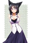  animal_ears arms_behind_back bare_shoulders black_hair blue_skirt blush breasts cat_ears choker cleavage eyepatch flying_sweatdrops highres konshin krishna_ente large_breasts long_hair long_skirt open_mouth original purple_eyes shy skirt sleeveless solo 