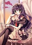  :p black_eyes black_thighhighs blouse blush bow chair crossed_legs dress hair_bow hair_ribbon hairband letter long_hair panchira pantsu pantyshot_sitting purple_hair ribbon school_uniform serafuku shirt skirt thighhighs tongue 