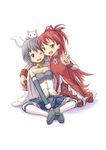  absurdres animal animal_on_head blue_eyes blue_hair cocoroten fangs highres kyubey long_hair mahou_shoujo_madoka_magica miki_sayaka multiple_girls official_style on_head one_eye_closed ponytail red_eyes red_hair sakura_kyouko short_hair thighhighs 