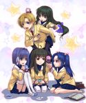  4girls barefoot book clannad cup fujibayashi_ryou ibuki_fuuko ichinose_kotomi miyazawa_yukine multiple_girls pantyhose saiha school_uniform sunohara_youhei teacup thighhighs 