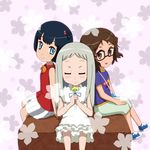  anjou_naruko ano_hi_mita_hana_no_namae_wo_bokutachi_wa_mada_shiranai. black_hair blue_eyes bow brown_eyes brown_hair closed_eyes dress flower glasses honma_meiko multiple_girls nekonin. silver_hair sitting skirt tsurumi_chiriko younger 