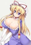  bad_id bad_pixiv_id blonde_hair blue_eyes breasts cleavage dress elbow_gloves gloves hat huge_breasts long_hair nagase_haruhito simple_background solo touhou white_gloves yakumo_yukari 