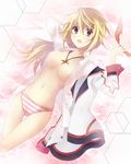  bare_legs blonde_hair breasts charlotte_dunois deta-mxproject infinite_stratos jewelry long_hair medium_breasts navel necklace open_clothes open_shirt panties ponytail purple_eyes shirt solo thigh_gap underwear 