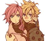  1girl blonde_hair blue_eyes cloud_strife final_fantasy final_fantasy_vii final_fantasy_xiii fingerless_gloves gloves lightning_farron long_hair nanase_shie pink_hair spiked_hair trait_connection 