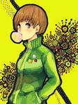  brown_eyes brown_hair bubble_blowing chewing_gum coubo hands_in_pockets jacket looking_at_viewer persona persona_4 satonaka_chie short_hair smiley_face solo sweatshirt tegaki track_jacket 