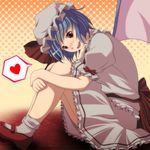  bad_id bad_pixiv_id bat_wings blue_hair blush dress halftone halftone_background hat heart highres leg_hug mary_janes mob_cap open_mouth pink_dress red_eyes remilia_scarlet s-syogo shoes short_hair sitting solo touhou wings 