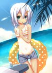  :o aqua_eyes bikini blush day deodorant frilled_bikini frills groin hair_ornament hairclip hand_on_own_chest highres innertube looking_at_viewer navel open_fly original shiny shiny_skin short_shorts shorts silver_hair solo striped striped_bikini swimsuit tan tanline tatapopo thigh_gap unzipped 