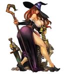  ass breasts dragon's_crown dress hat highres kamitani_george large_breasts legs long_hair long_legs official_art red_hair side_slit skeleton solo sorceress_(dragon's_crown) staff strapless strapless_dress sword vanillaware weapon witch_hat 