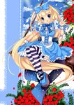  alice_(wonderland) alice_in_wonderland bad_id bad_pixiv_id blonde_hair blue_bow blue_dress blue_eyes blue_footwear bow dress flower hair_bow highres long_hair open_mouth petals platform_footwear shoes solo striped striped_legwear thighhighs usagihime wrist_cuffs 